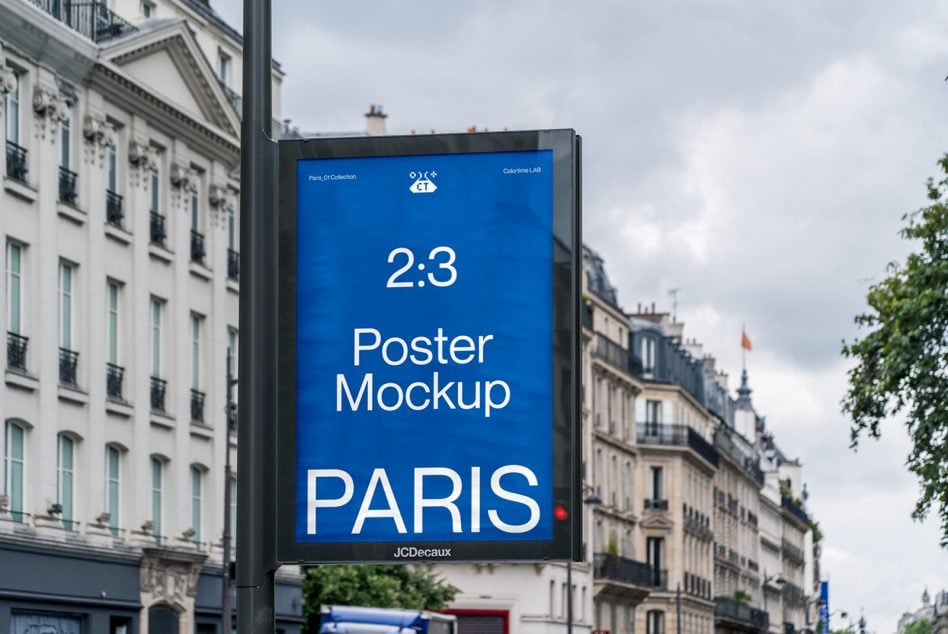 Blue street display with white text showing 2:3 Poster Mockup PARIS in Parisian neighborhood