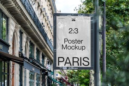 2:3 poster mockup on Paris street pole with minimal white layout, classic architecture