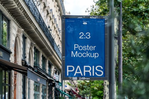 2:3 poster mockup on street pole displaying bold blue color with white text