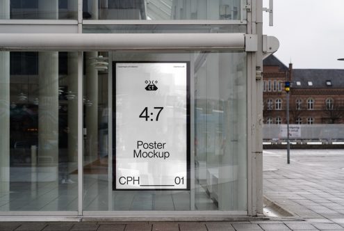 Modern storefront poster mockup on glass bus shelter, white background