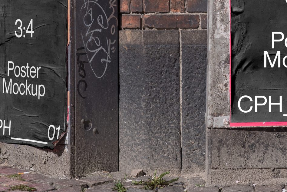Close-up of weathered black wall with torn posters showing 3:4 mockup layout