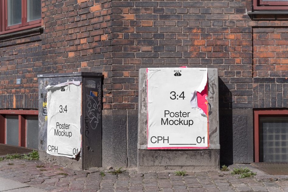 Two poster mockups on brick wall, one white with pink accent, one showing teal design