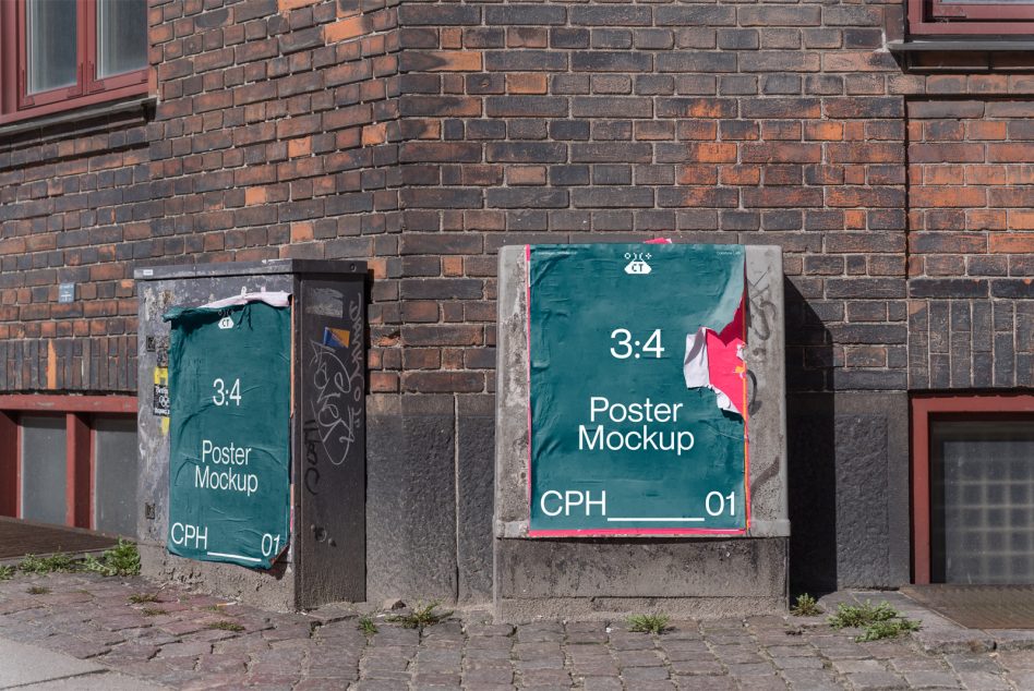 Brick facade with dual poster mockups, white paper left side, teal right side display