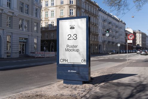 2:3 poster mockup on blue JCDecaux display in Copenhagen street scene