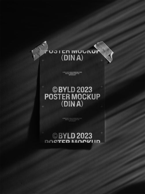 Dark DIN A poster mockup with white tape corners, dramatic striped lighting effect