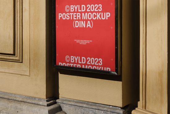 Urban poster mockup for brand display in a classic frame on a yellow wall, ideal for designers and mockup templates.