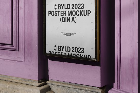 Urban poster mockup in black frame on a purple wall, ideal for presenting design projects, branding, and advertising to clients.