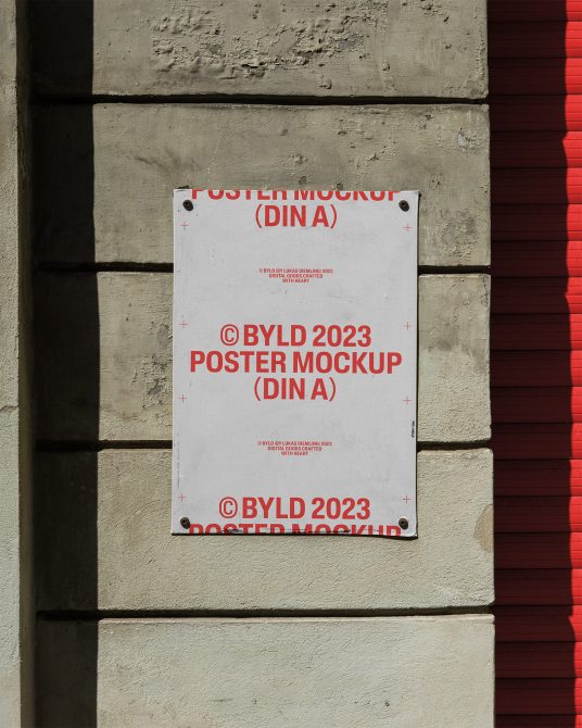 Urban poster mockup attached to a textured wall, highlighting shadow and light play, suitable for design presentations.