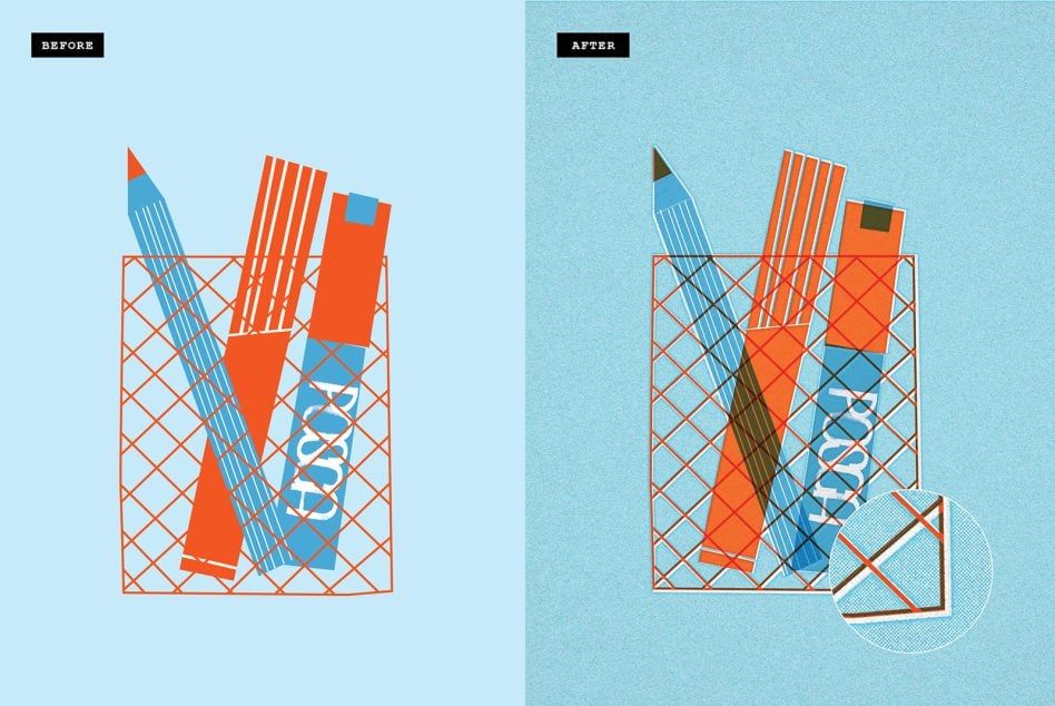 Geometric rocket basket design before flat look, after applying grainy texture overlay