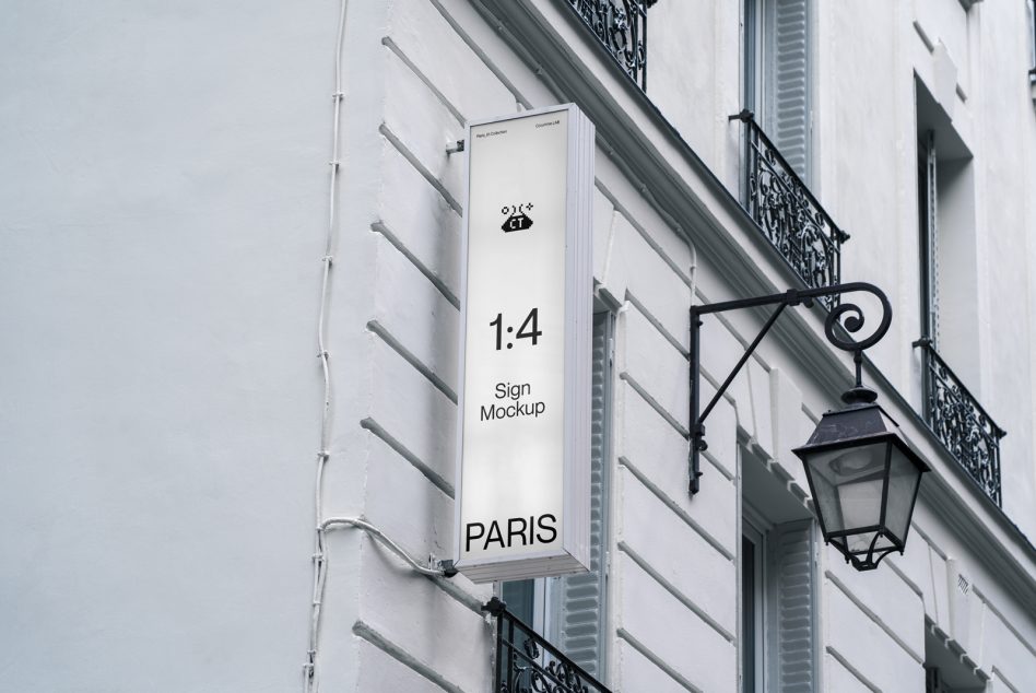 White vertical banner displaying 1:4 ratio mockup on classical building