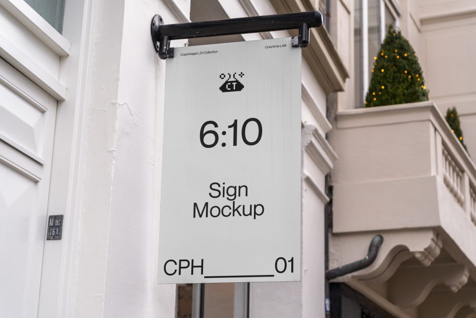 White vertical sign mockup 6:10 ratio on bracket outside entryway, CPH_01