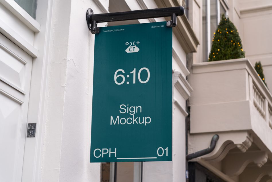 Teal vertical sign mockup 6:10 format on bracket, CPH_01 Copenhagen collection