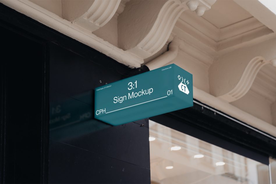Teal 3:1 hexagonal sign mockup hanging below ornate ceiling molding indoors