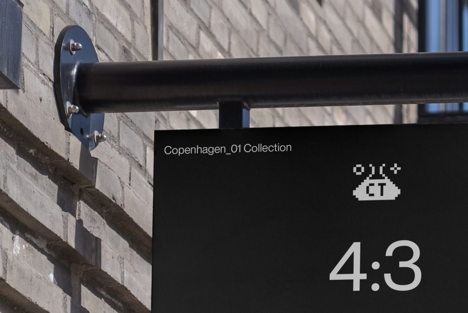 Black hanging sign with white text showing 4:3 ratio, Copenhagen_01 Collection branding