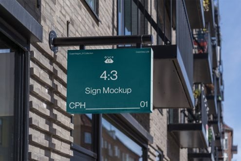 Teal green sign mockup on building bracket with 4:3 ratio layout, CPH_01