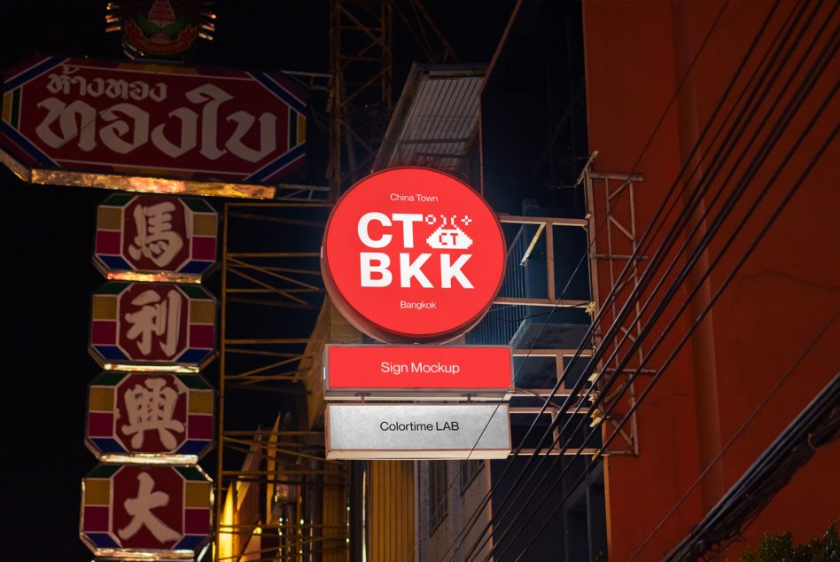 Red circular sign mockup with CT BKK logo, China Town, Bangkok text at night