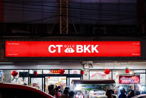 Bright red horizontal sign mockup displaying CT BKK logo with China Town, Bangkok text