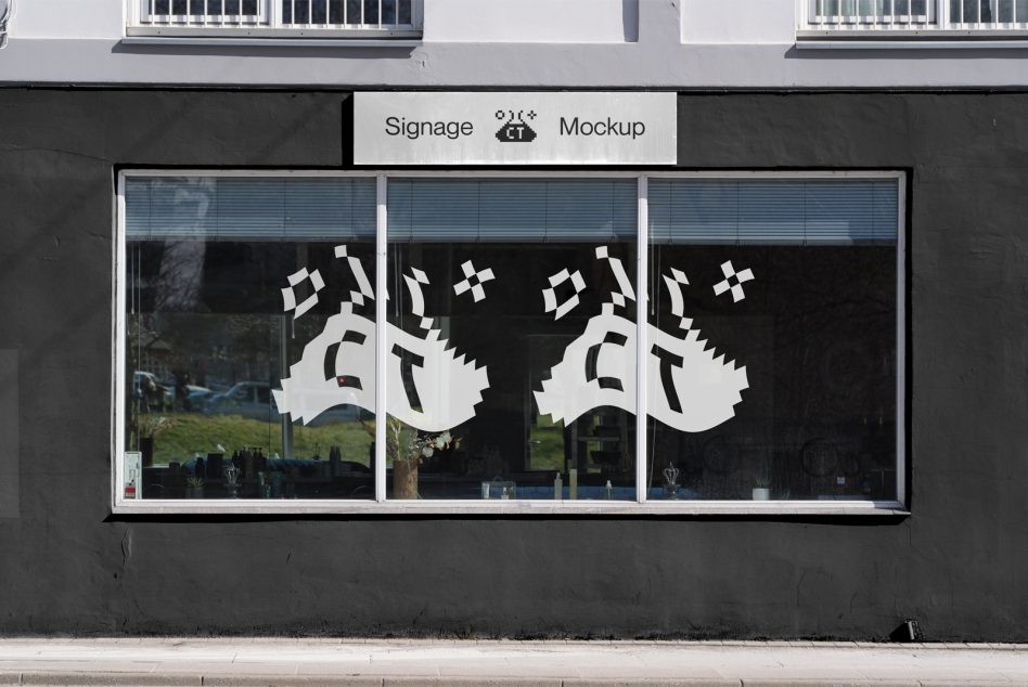 Store window with white geometric shapes on black background, signage mockup