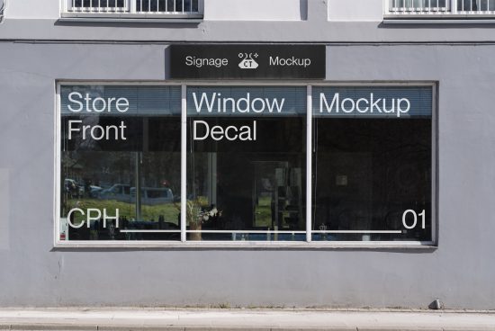 Storefront window mockup with clear signage for showcasing design projects to potential clients, suitable for graphics and templates.