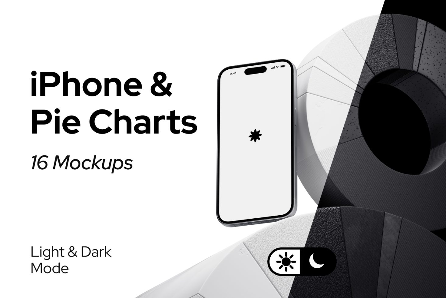 Mockup template for iPhone and pie charts showing 16 variants in both light and dark modes, ideal for presentations and design showcase.