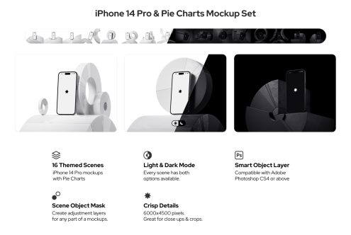 iPhone 14 Pro and Pie Charts Mockup Set for designers featuring light and dark modes, smart object layers, high-resolution scenes, ideal for digital portfolio presentations.