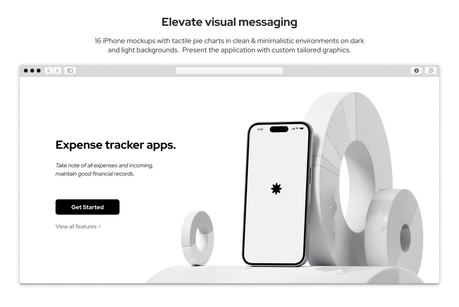 Sleek iPhone mockup for expense tracker app on white backdrop with abstract geometric shapes, ideal for designers’ presentations and digital mockups.