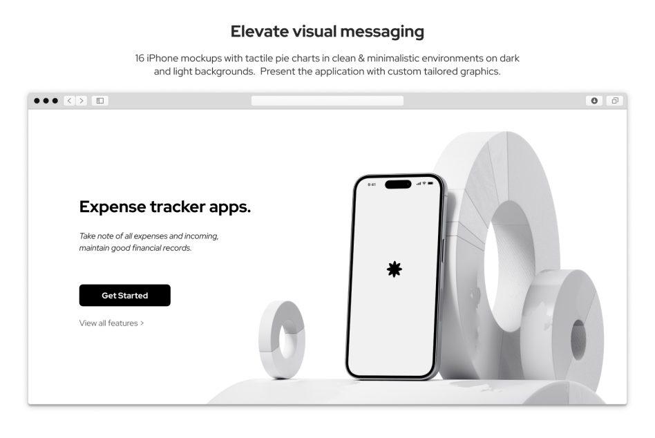 Sleek iPhone mockup for expense tracker app on white backdrop with abstract geometric shapes, ideal for designers’ presentations and digital mockups.