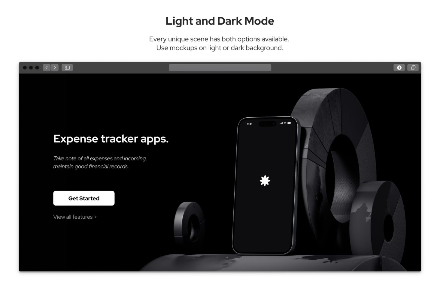 Professional smartphone and monitor mockup displaying light and dark mode feature for expense tracker apps, ideal for design presentations.