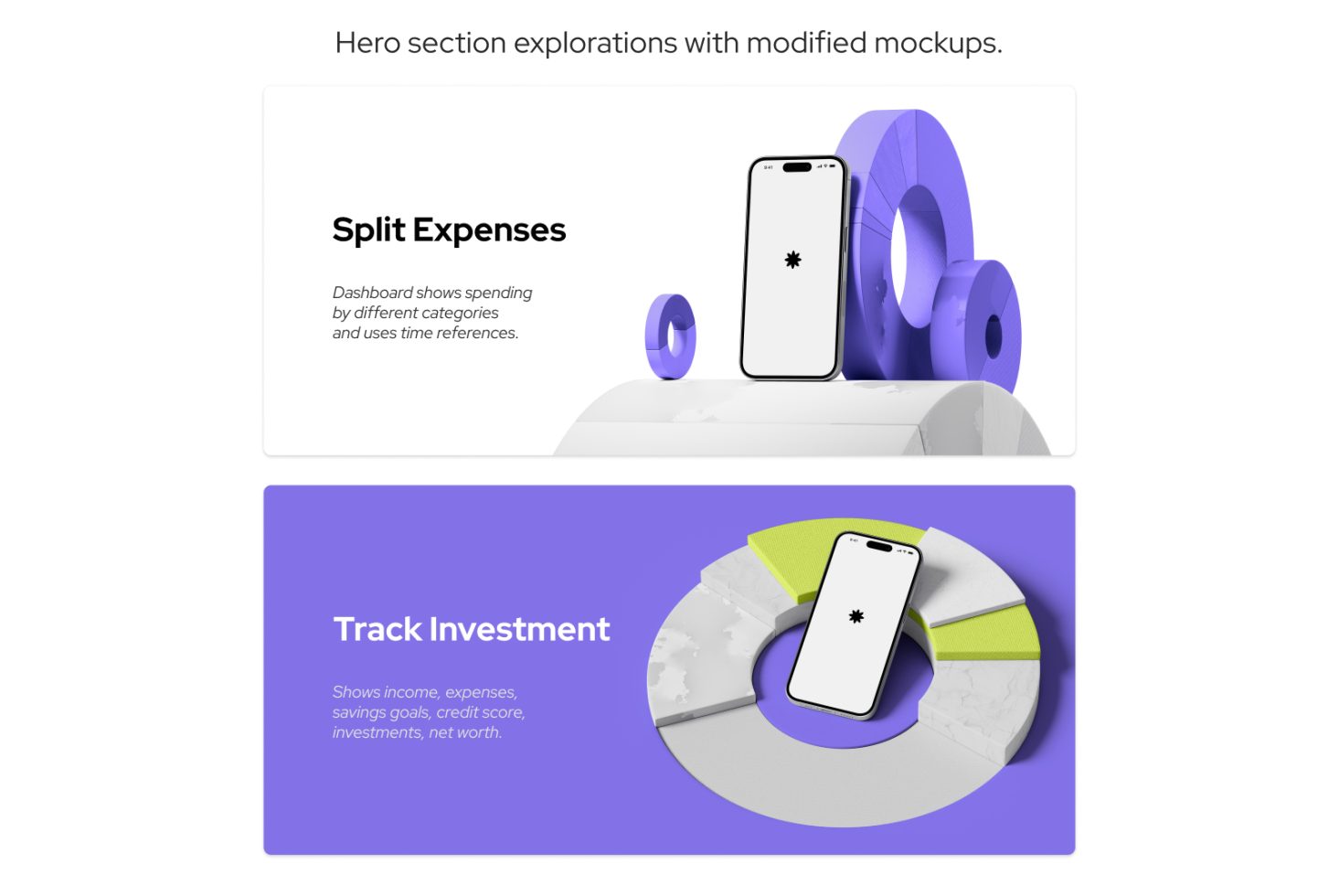 Creative website mockups for finance app showcasing spending tracker and investment dashboard, ideal for web design templates.