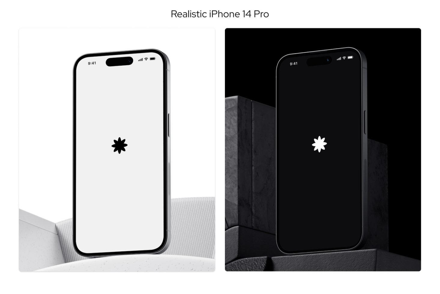 Realistic iPhone 14 Pro mockup set in light and dark mode for app design presentation, digital assets for UI UX designers.