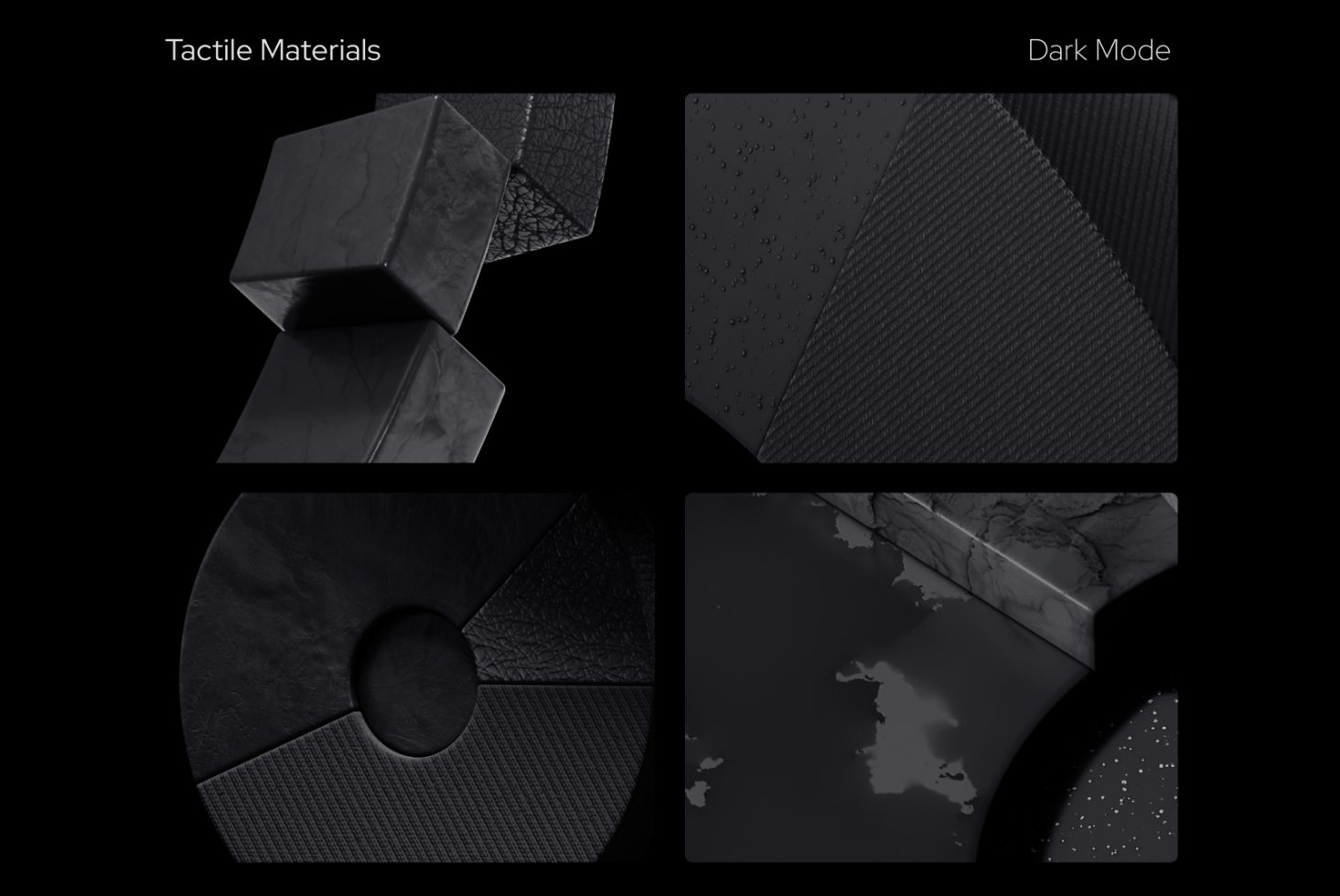 Digital asset collection featuring tactile materials in dark mode, ideal for mockup textures, graphic design, and creative backgrounds.