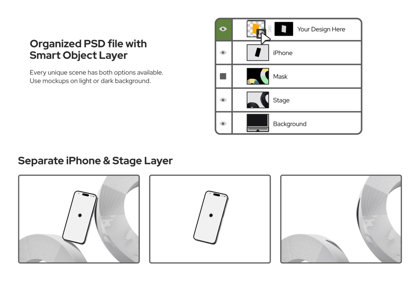 Editable PSD iPhone mockup template with smart layers for easy design presentation, showcasing organized layer structure suitable for designers.