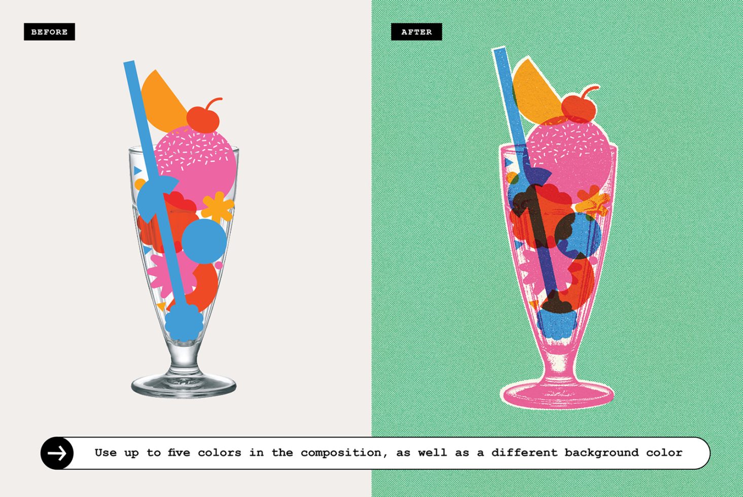 Colorful sundae glass graphic illustration before and after design variant showing differing color palettes, ideal for designers' templates.