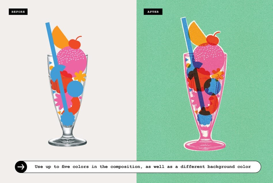 Colorful drink illustration before smooth version, after adding grain texture throughout