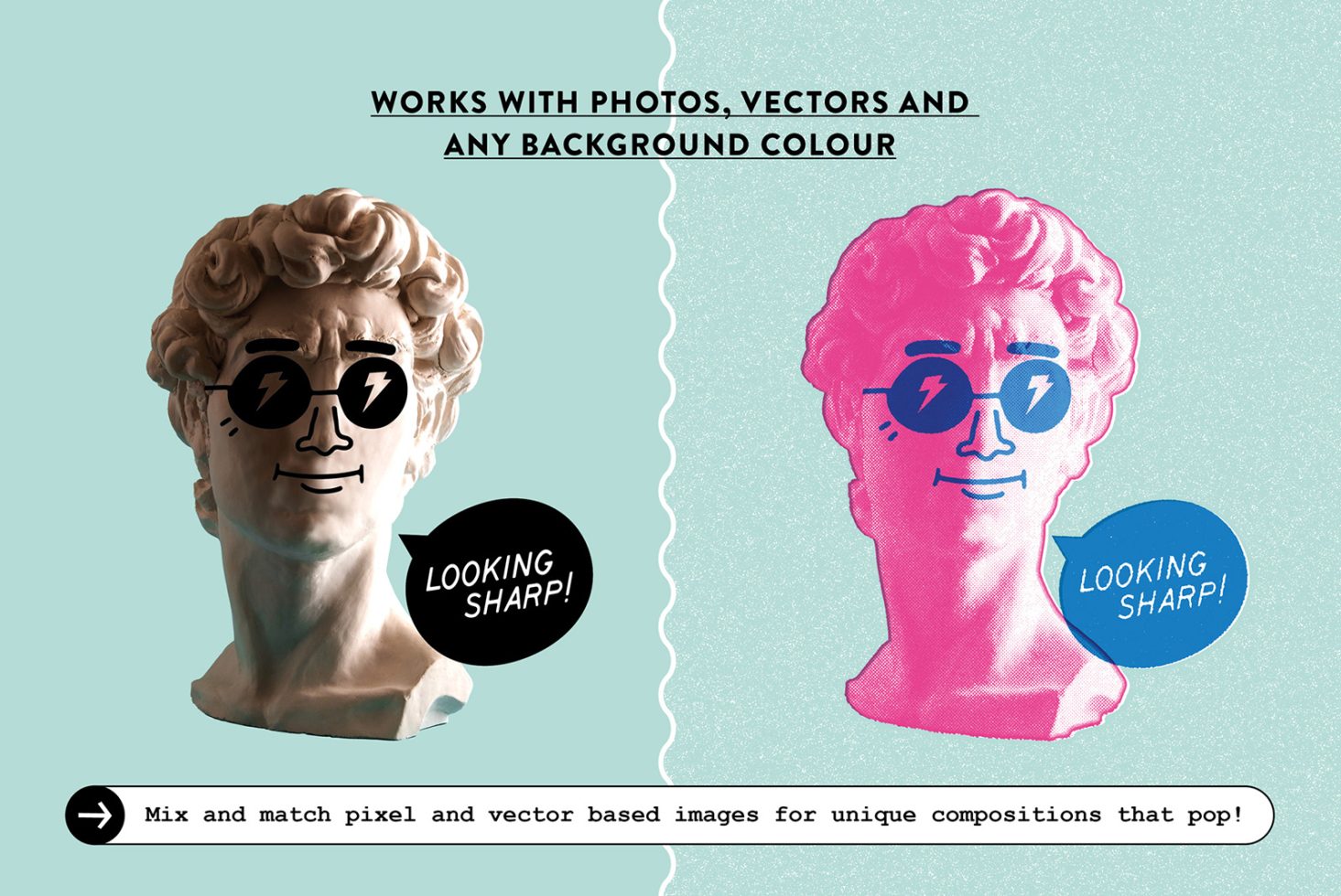 Stylized dual bust graphics showing photo and vector editing flexibility, ideal for mockup and template design, with a cool contemporary twist.