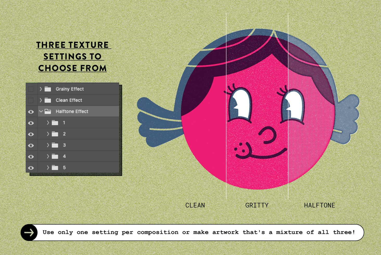 Graphic illustration showing texture settings on a stylized face, display options: clean, gritty, halftone for design versatility.