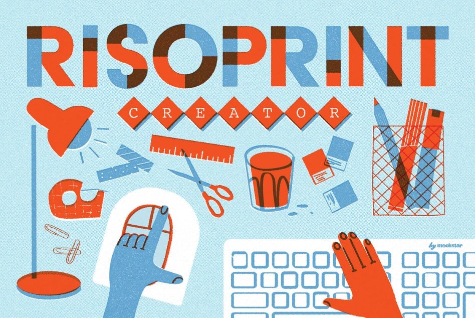 Risograph Creator title with design tools, keyboard, craft supplies on textured background