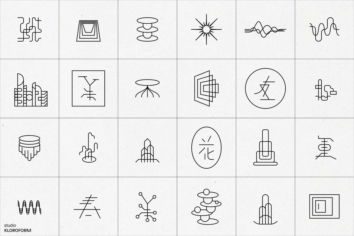 ALT: Collection of minimalist geometric line art icons featuring abstract shapes and architectural forms, ideal for graphics in web design templates.