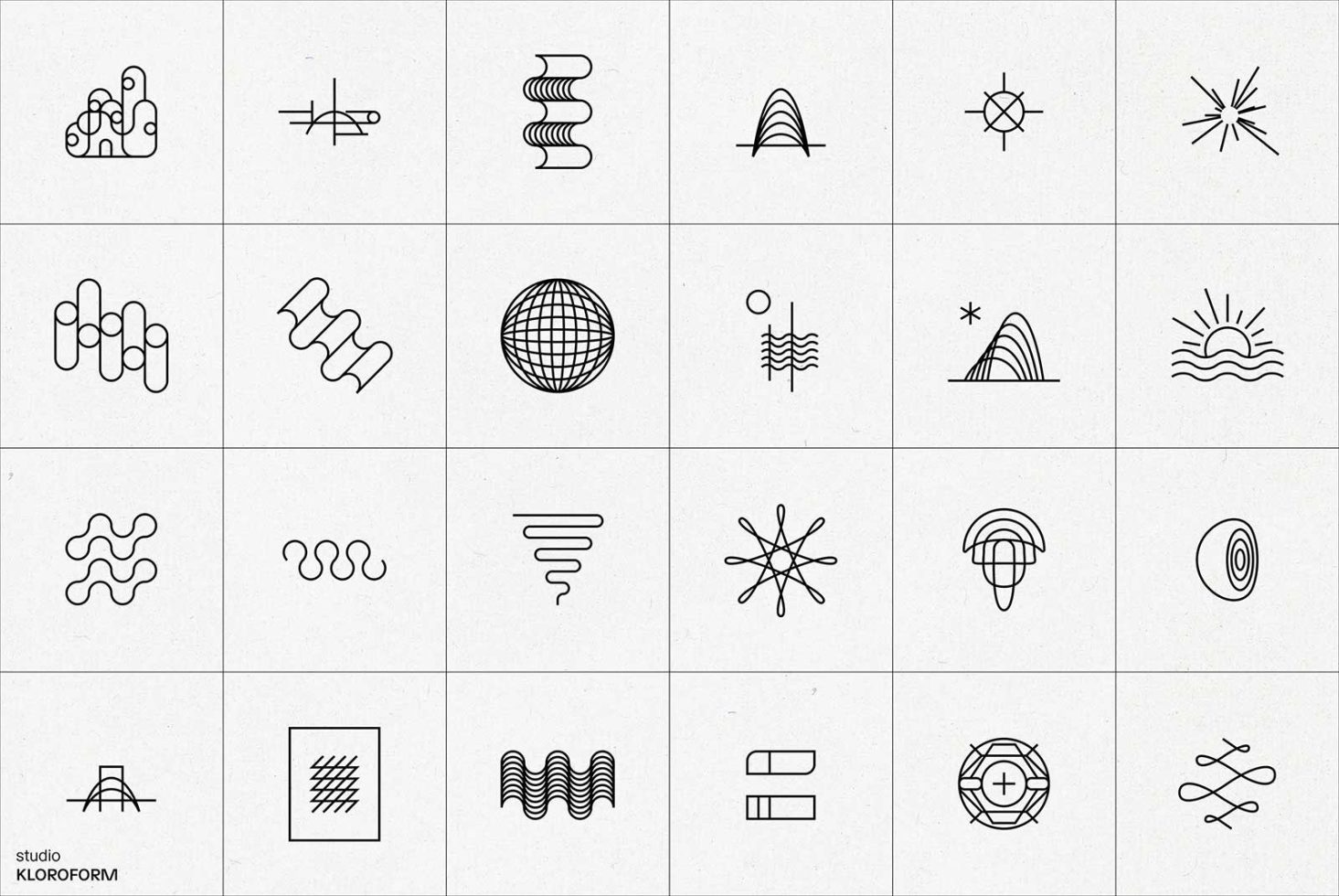 Set of 20 minimalist line art icons for web and graphic design, includes abstract geometric shapes and nature elements, modern vector graphics.