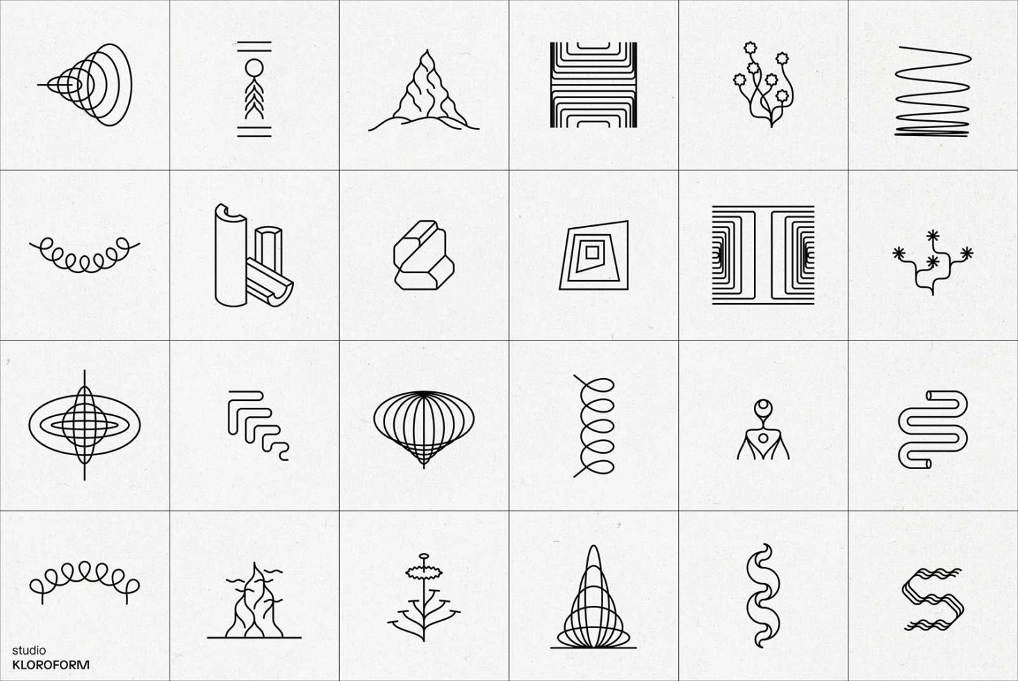 Set of 20 minimalistic line art icons featuring abstract shapes suitable for Graphics category, perfect for modern design projects.