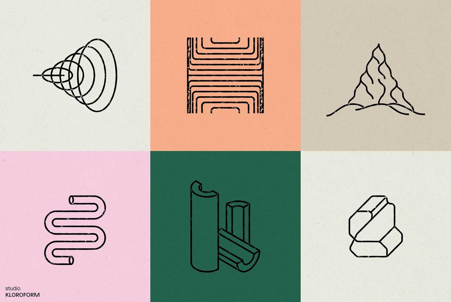 Collage of six minimalist line art drawings featuring geometric shapes and nature-inspired graphics, ideal for design mockups and graphic templates.