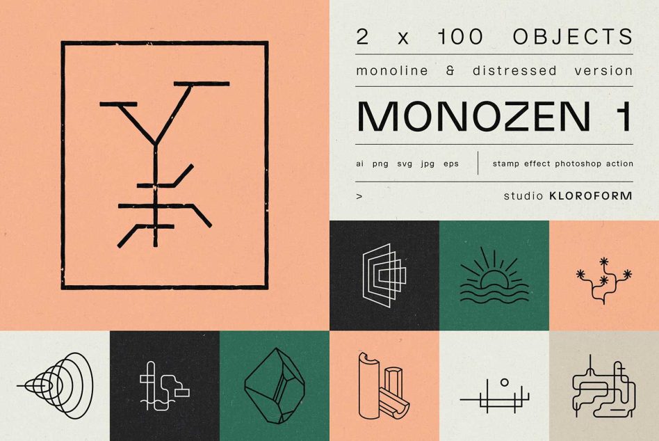 Vintage monoline graphic objects collection MONOZEN by studio KLOROFORM, design elements in AI, PNG, SVG, JPG, EPS formats, distressed style.