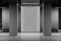 Minimal gallery space showing neutral display screen with white neon curve design