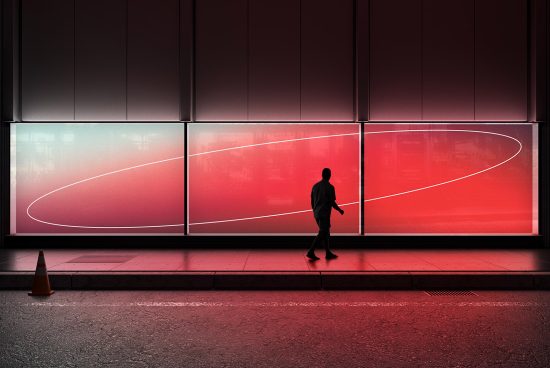 Red neon-lit billboard mockup with passing pedestrian for urban advertising design, showcasing nighttime city scene, perfect for graphics display.