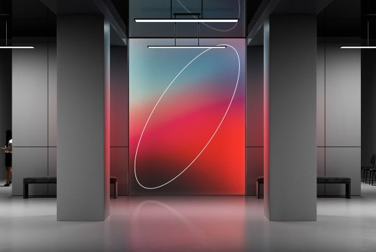 Elegant gallery interior mockup with vibrant abstract display, modern design, perfect for presentations, designer showcases.