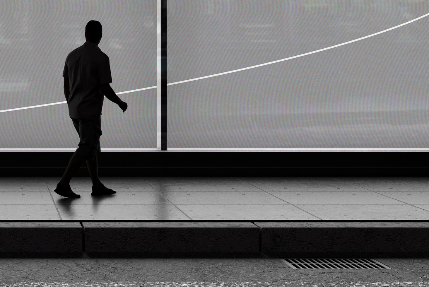 Silhouetted person walking by a modern urban building with dynamic lines, in black and white, ideal for urban-themed design mockups or templates.