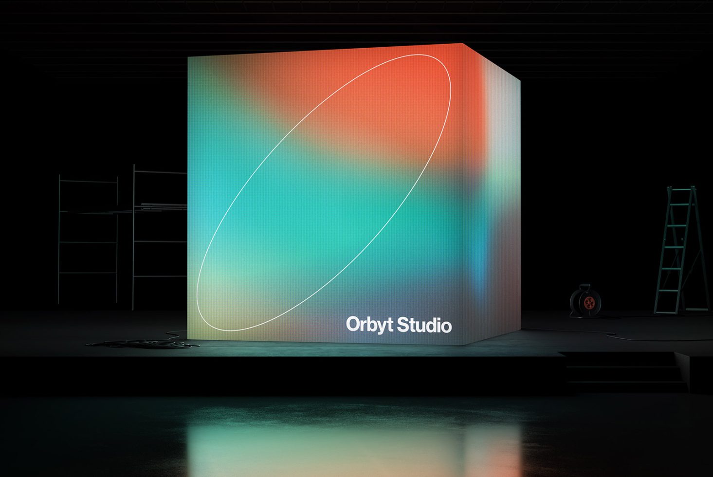 Modern 3D graphics mockup with colorful gradient display on large cube, industrial stage setting, designer template.