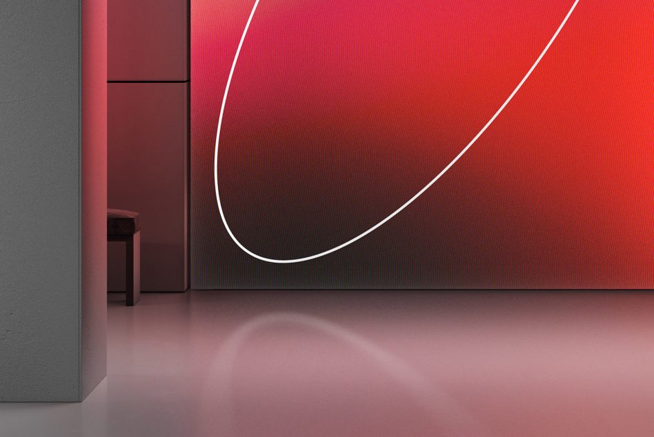 Abstract red gradient wall with dynamic white line, minimalist stool, and ambient lighting – ideal for graphic background or template design.