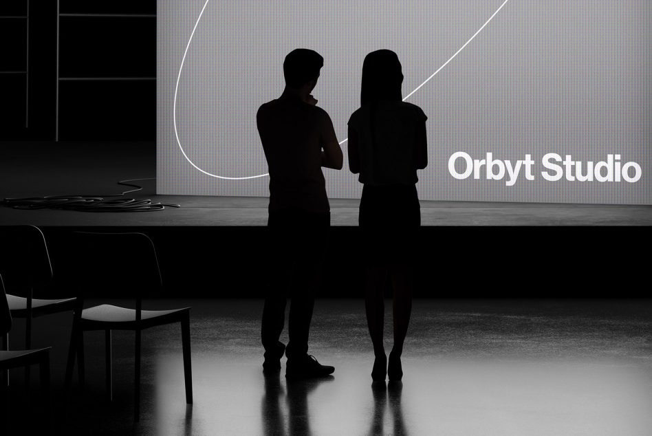 Silhouettes of two people discussing in front of a presentation screen with stylized branding, ideal for mockup and presentation templates.