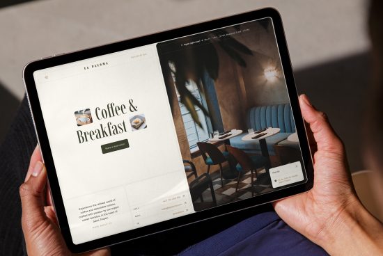 Person holding a tablet showcasing a website design template for a cafe with a clear, modern interface, ideal for web design mockups.